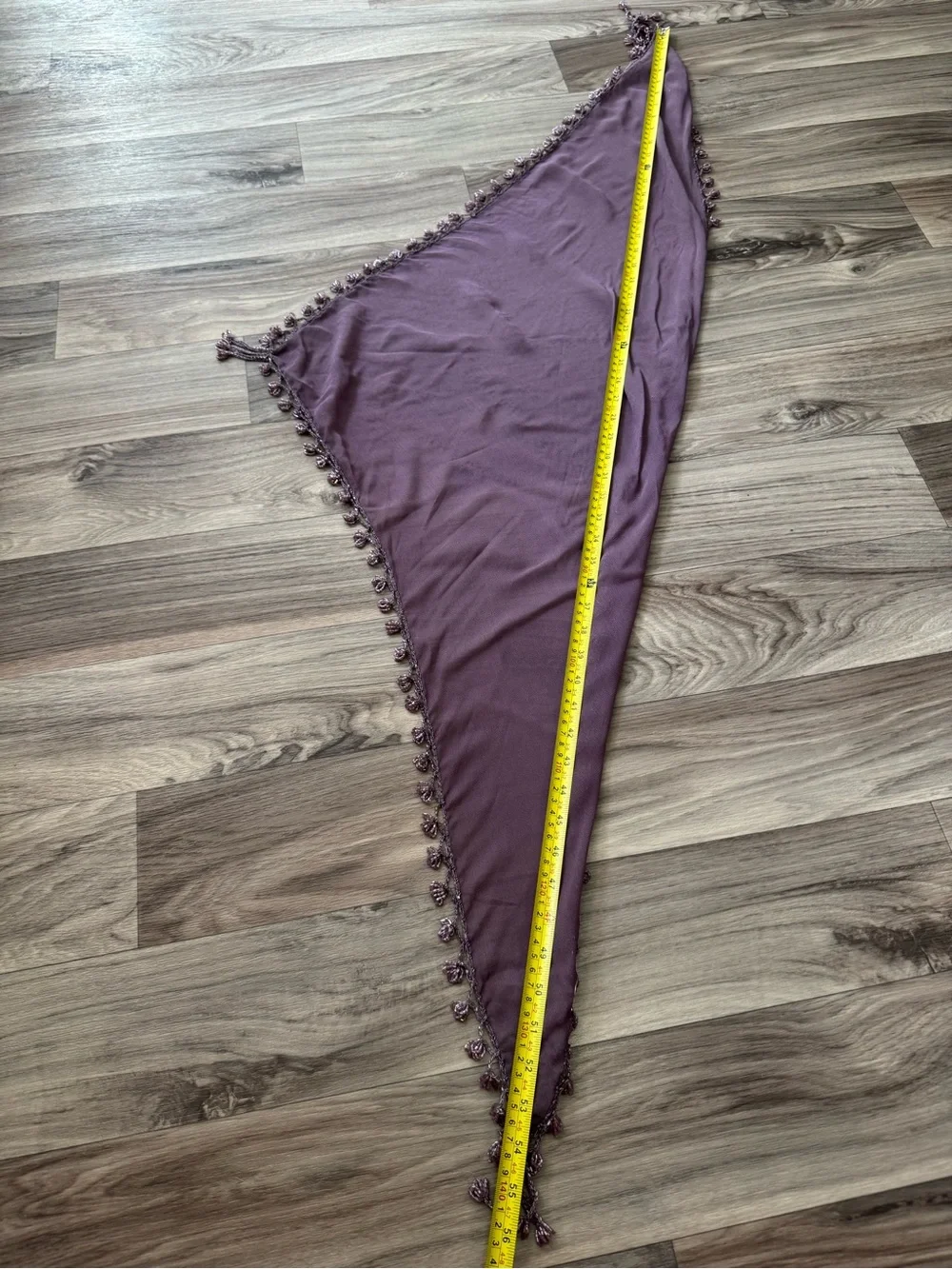 Sheer Chiffon Triangle Scarf Wrap with Beaded Crochet Fringe Mauve Purple Boho